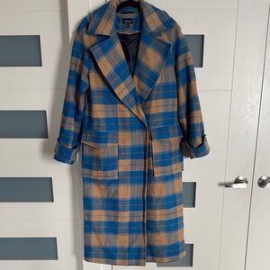 Topshop Blue and Tan Plaid wool blend long Coat us6